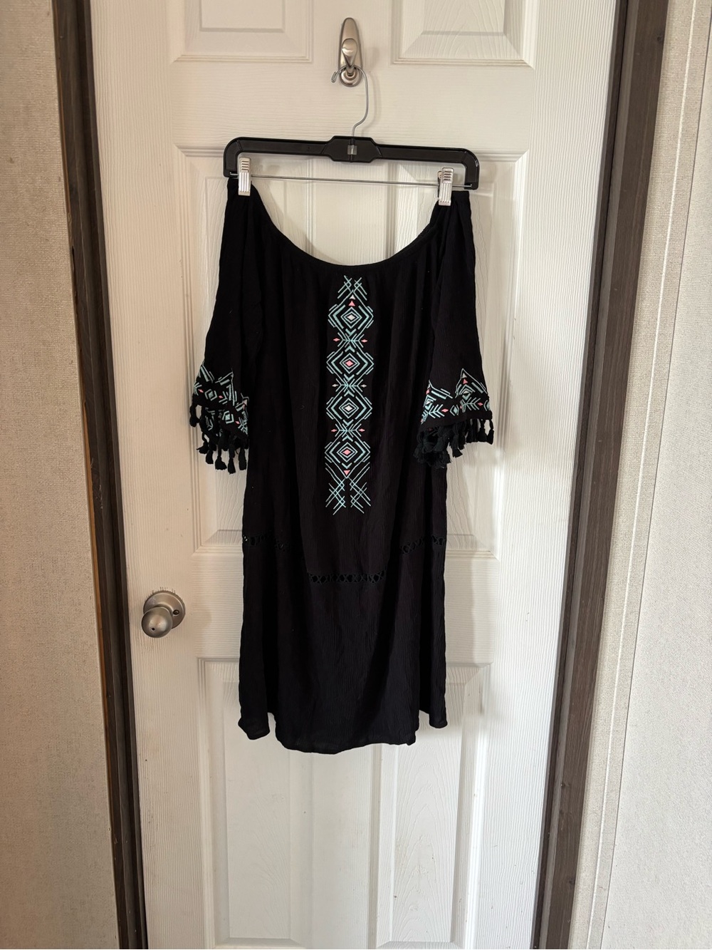 Xhilaration Black Off-Shoulder Dress with Mint and Pink Embroidery